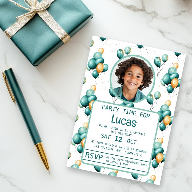 Fun Teal Balloons Birthday Invitation (Teal balloons birthday invitation)