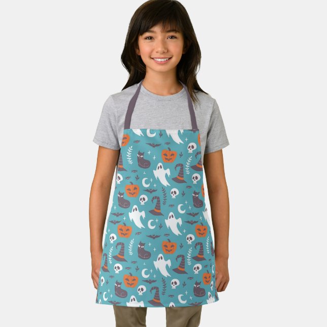 Fun Teal Doodle Halloween Pattern Apron (Insitu)