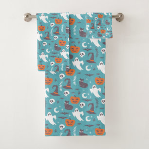Fun Teal Doodle Halloween Pattern Bath Towel Set