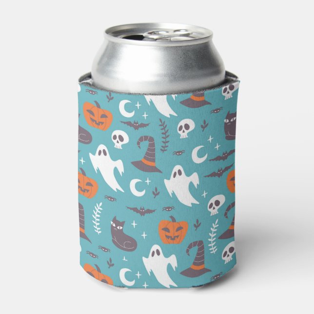 Fun Teal Doodle Halloween Pattern Can Cooler (Can Front)