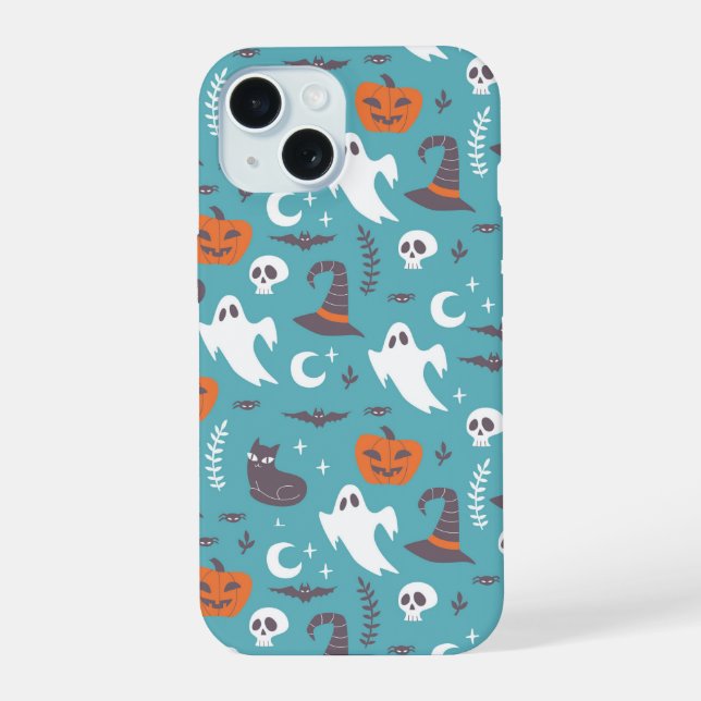 Fun Teal Doodle Halloween Pattern iPhone 15 Case (Back)