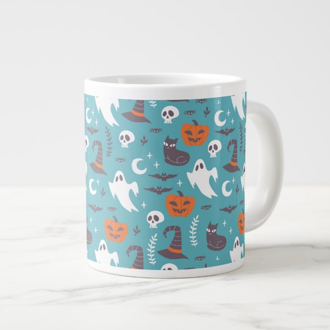 Fun Teal Doodle Halloween Pattern Large Coffee Mug (Front Right)