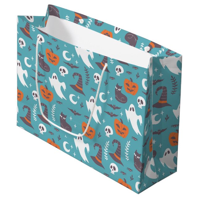 Fun Teal Doodle Halloween Pattern Large Gift Bag (Front Angled)