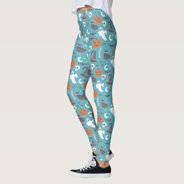 Fun Teal Doodle Halloween Pattern Leggings (Left)