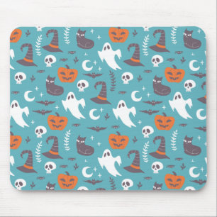 Fun Teal Doodle Halloween Pattern Mouse Mat