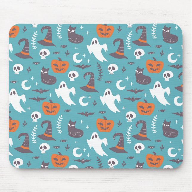 Fun Teal Doodle Halloween Pattern Mouse Mat (Front)
