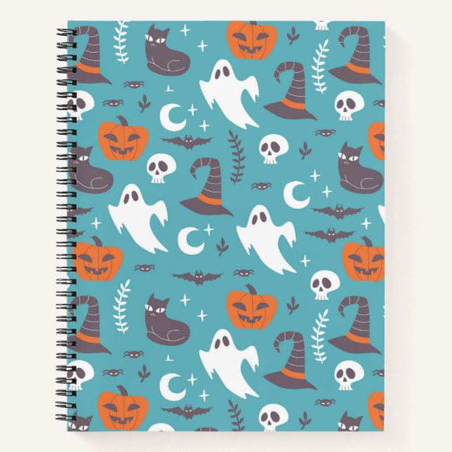 Fun Teal Doodle Halloween Pattern Notebook (Front)