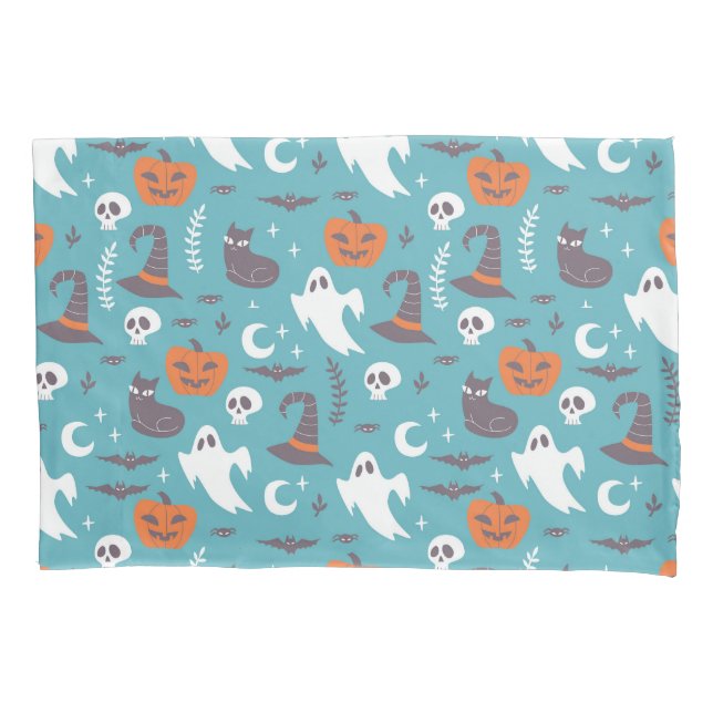 Fun Teal Doodle Halloween Pattern Pillowcase (Front)