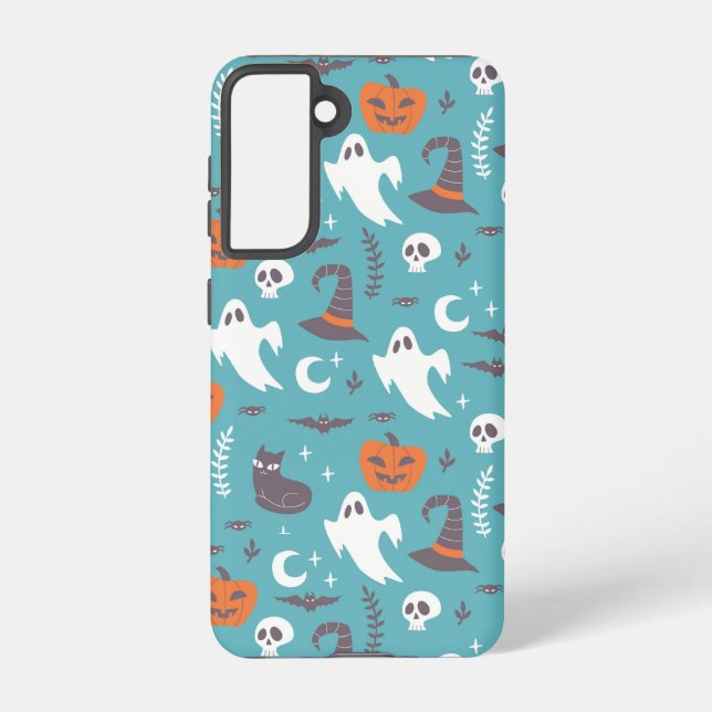 Fun Teal Doodle Halloween Pattern Samsung Galaxy S21 Case (Back)