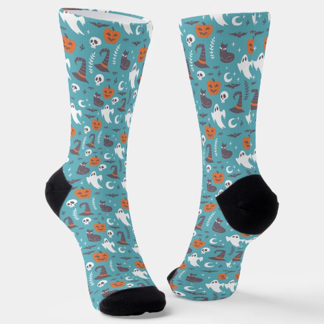Fun Teal Doodle Halloween Pattern Socks (Angled)