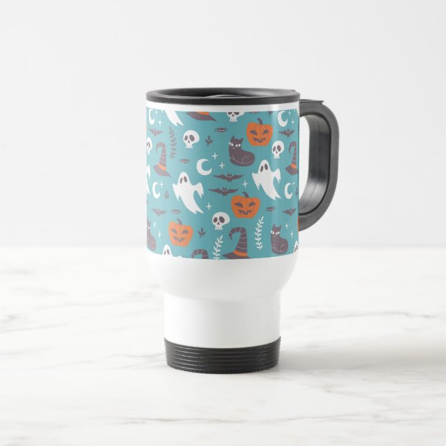 Fun Teal Doodle Halloween Pattern Travel Mug (Front Right)