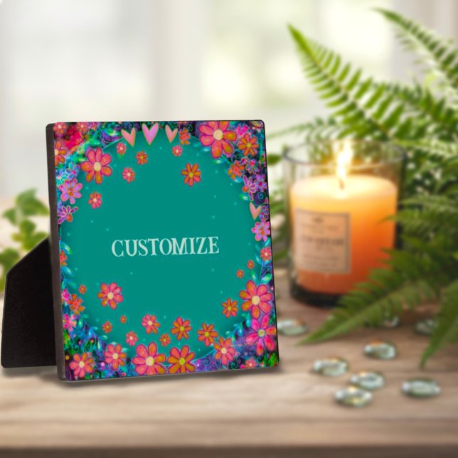 Fun Teal Floral Heart Whimsical Personalised  Plaque (Creator Uploaded)