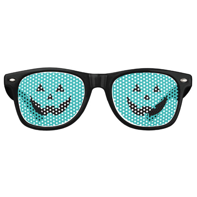 Fun teal Jack o lantern pumpkin face Halloween Retro Sunglasses (Front)