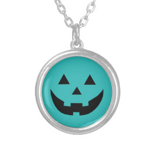 Fun teal Jack o lantern pumpkin face Halloween Silver Plated Necklace