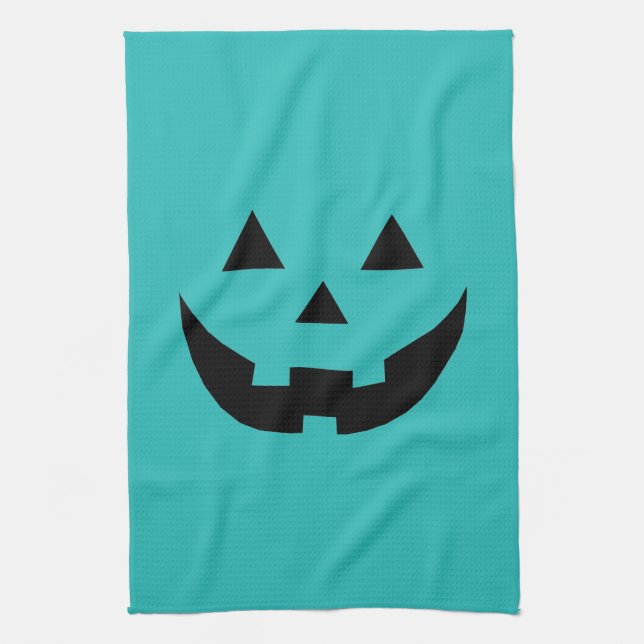 Fun teal jack o lantern pumpkin face Halloween Tea Towel (Vertical)
