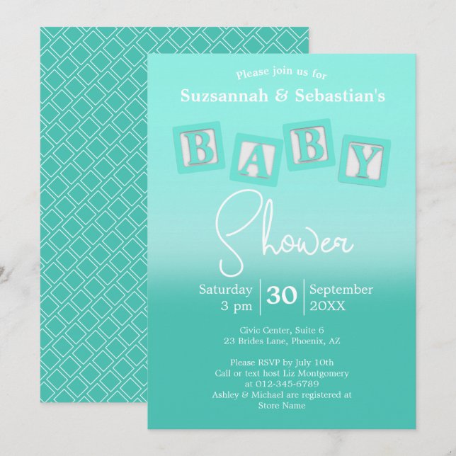 Fun Teal Ombre BABY Blocks Shower Invitation (Front/Back)