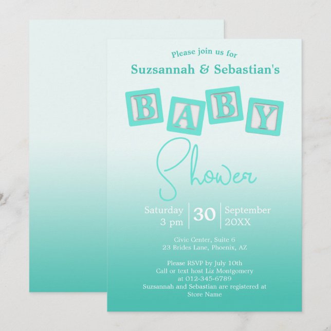 Fun Teal Ombre BABY Blocks Shower Invitation (Front/Back)