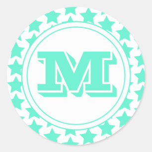 Fun Teal Stars Pattern & Monogram Classic Round Sticker