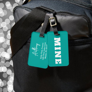 Fun Teal White MINE Personalised Luggage Tag