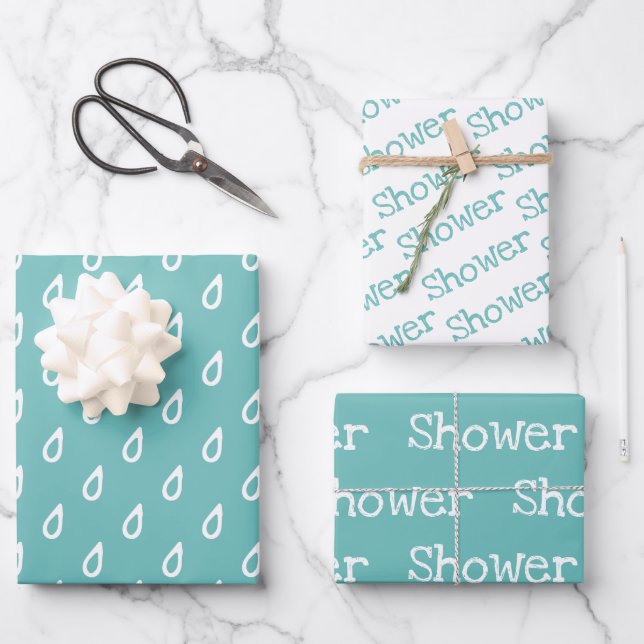 Fun Teal & White SHOWER Coordinated Wrapping Paper Sheet (Front)