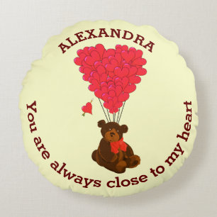 Fun teddy bear and red heart personalised round cushion