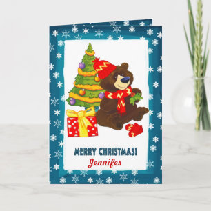 Fun Teddy Bear Custom Name Christmas Holiday Card