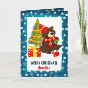 Fun Teddy Bear Custom Name Christmas Holiday Card