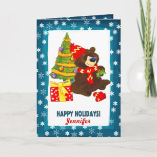 Fun Teddy Bear   Custom Name Christmas  Holiday Card