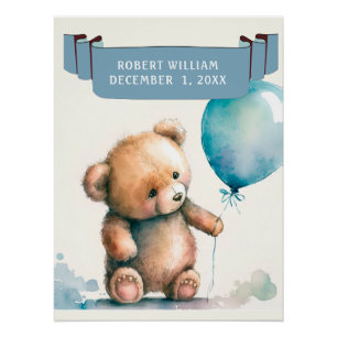 FUN TEDDY BEAR WITH BLUE BALLOON  KIDS NAME  POSTER