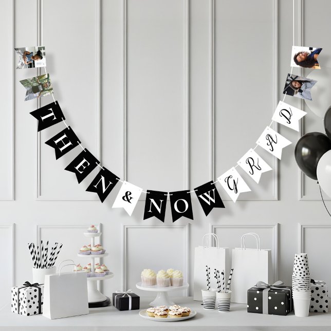 Fun Then & Now Grad Photo Collage Graduation Party Bunting (Fun Then & Now Grad Photo Collage Graduation Party Bunting Flags)