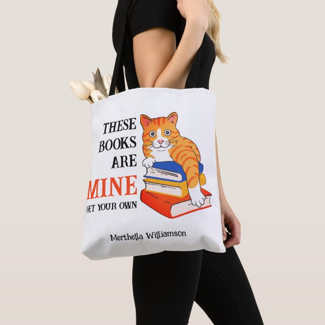 Fun THESE BOOKS ARE MINE Reading Cat Tote Bag (Close Up)