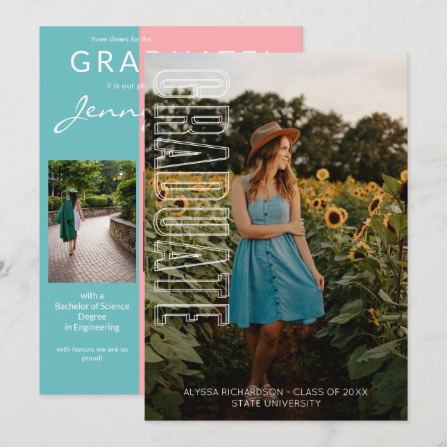Fun Three Photo Typography Graduate Announcement 2 (Front/Back)