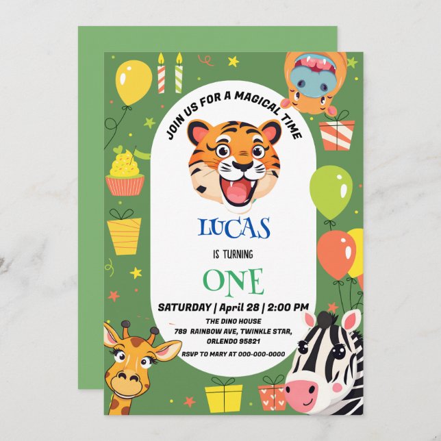 Fun tiger Zebra Hippo safari zoo Wild Birthday Save The Date (Front/Back)