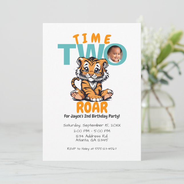 Fun Time TWO Roar 2nd Birthday Tiger Jungle Party Invitation (Standing Front)