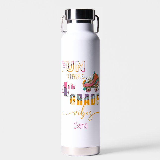 Fun Times 4th Grade Vibes Girls Cute Retro Water Bottle (Front)
