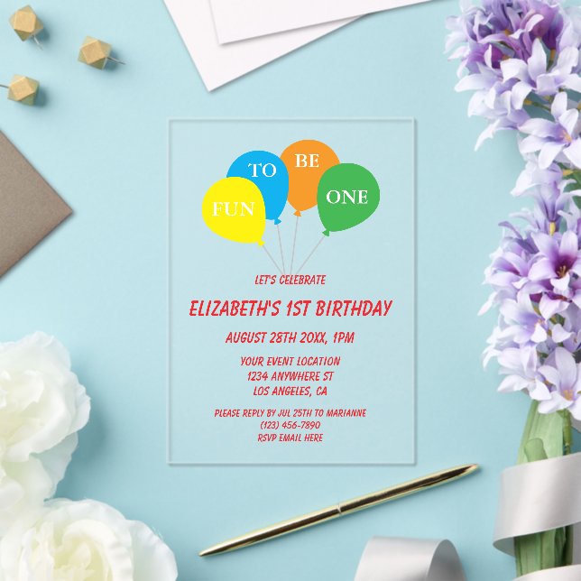Fun To Be One 1st Birthday Acrylic Invitations (Insitu (Wedding))