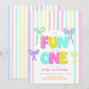 Fun to Be One Bows Pastel Stripe 1st Birthday Invitation