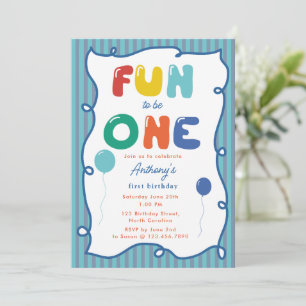 Fun to Be One Boy Birthday Party 1st Whimsical Invitation