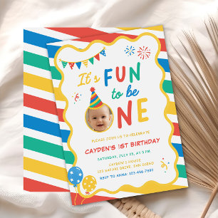 Fun To Be One Boy Colourful 1st Birthday Invitation