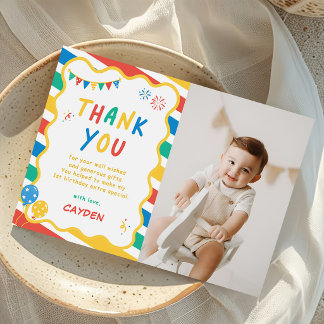 Fun To Be One Boy Colourful 1st Birthday Photo Thank You Card