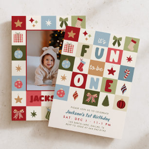 Fun To Be One Christmas Kids 1st Birthday Invitation