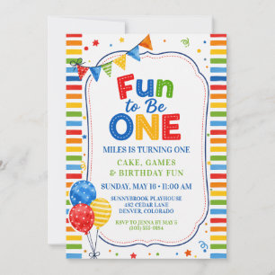 Fun to Be One Colourful First Birthday Boy Party Invitation