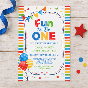 Fun to Be One Colourful First Birthday Boy Party Invitation