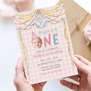 Fun to be One Colourful Photo Girl 1st Birthday Invitation
