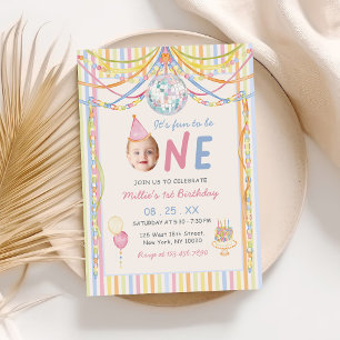 Fun to be One Colourful Photo Girl 1st Birthday Invitation