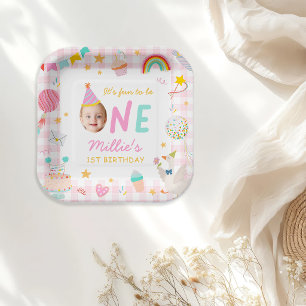 Fun to be One Colourful Photo Girl 1st Birthday Paper Plate
