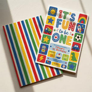 Fun to Be One: Colourful Rainbow Boy 1st Birthday Invitation
