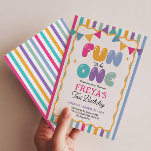 Fun to Be One: Colourful Striped 1st Birthday Girl Invitation