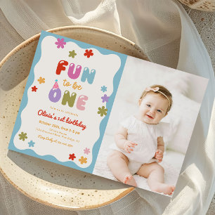 Fun to Be One Daisy Colourful 1st Birthday Photo Invitation