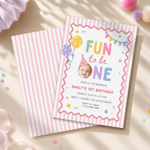 Fun To Be One Girl Pink Colourful 1st Birthday Invitation